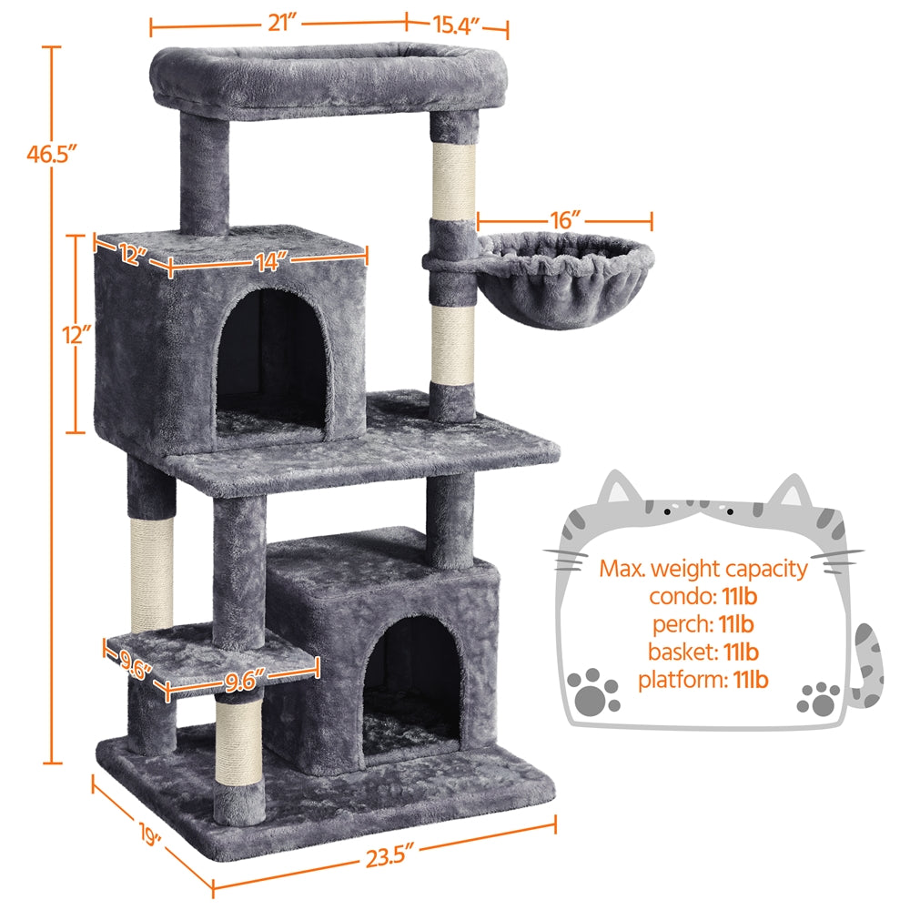 SMILE MART Multilevel Cat Tree Tower with Condos Top Perch Basket Stable Structure， Dark Gray， 46.5