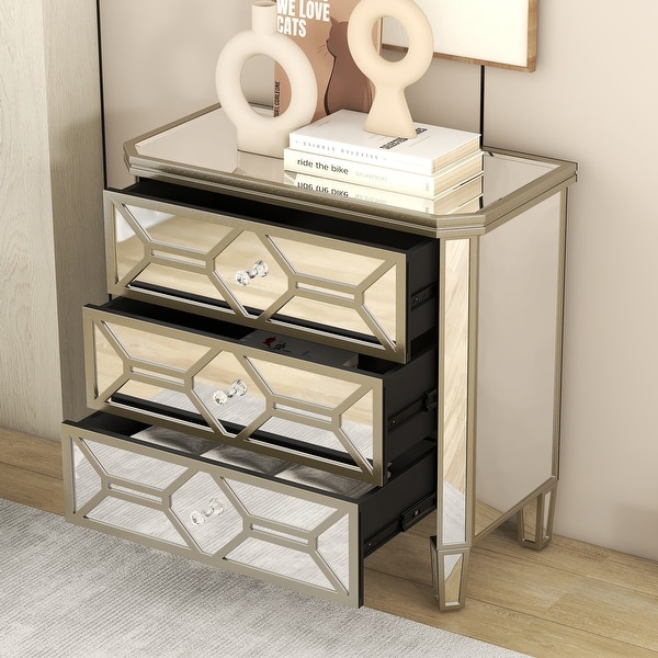 Elegant Mirrored 3-Drawer Chest with Golden Lines Storage Cabinet - - 37857299