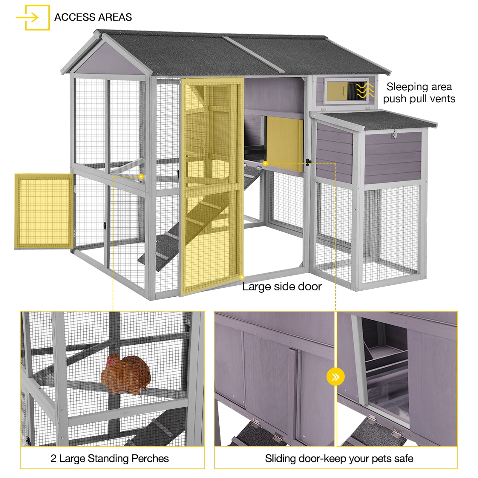 Morgete Extra Large Chicken Coop for 8 - 10 chickens, Nesting Box, Gray, 75.7 in