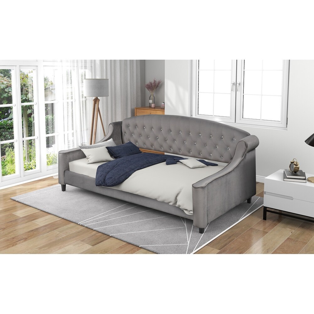 Modern Luxury Twin Size Tufted Button Daybed Wooden Platform Bed Frame  Comfy Upholstered Sofa w/ Solid Wood Slats Support