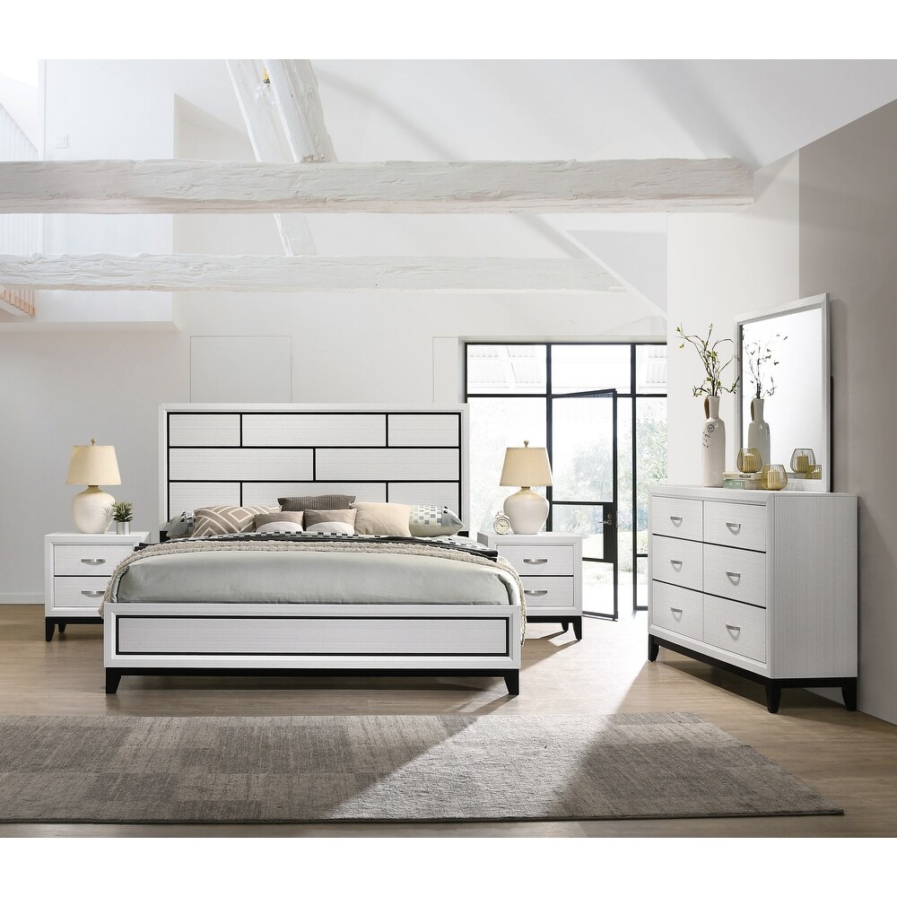 Roundhill Furniture Stout Contemporary Panel Bedroom Set in White Finish with Panel Bed  Dresser  Mirror  2 Night Stands