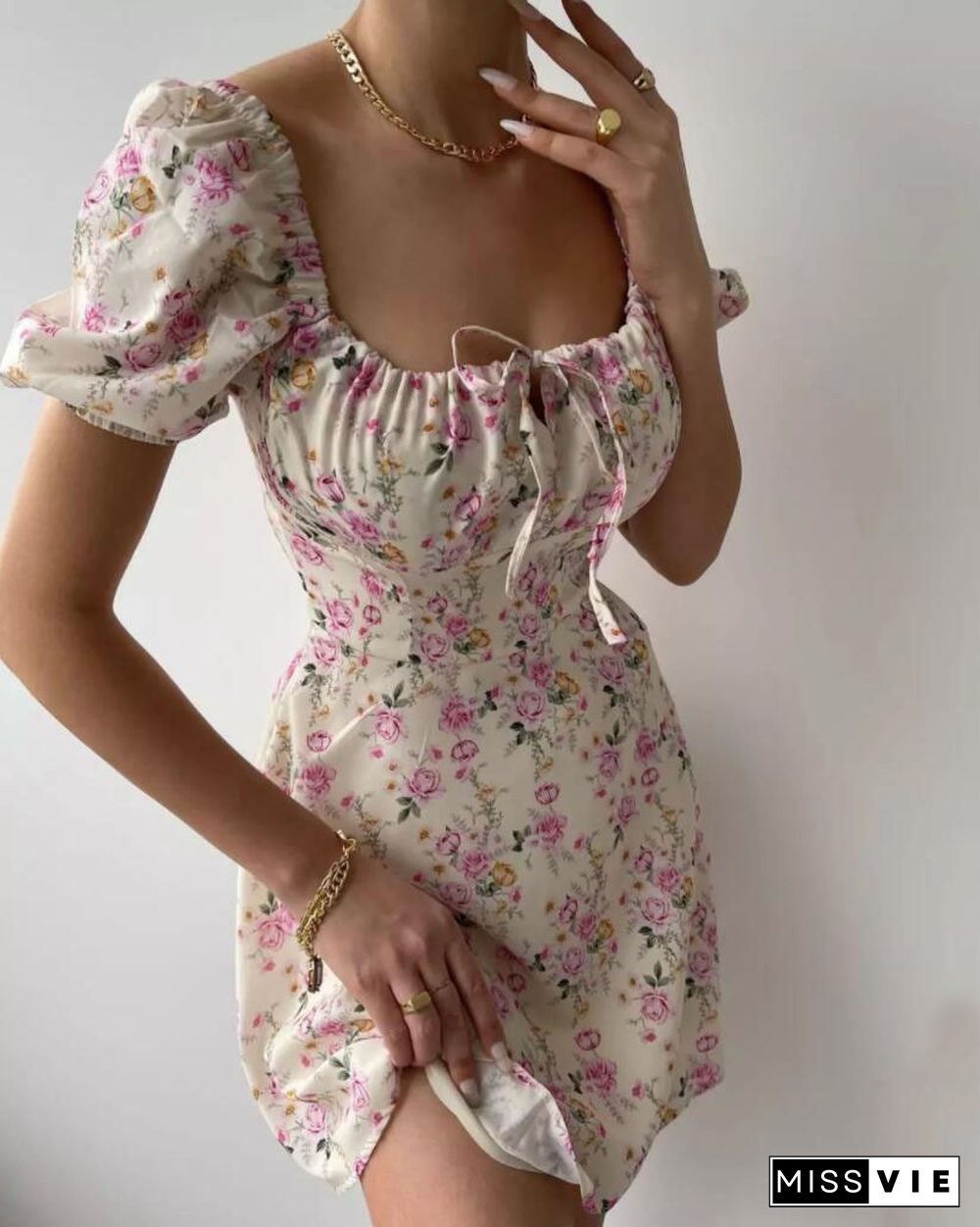 Sweet Floral Frenulum Square Collar A Line Dresses