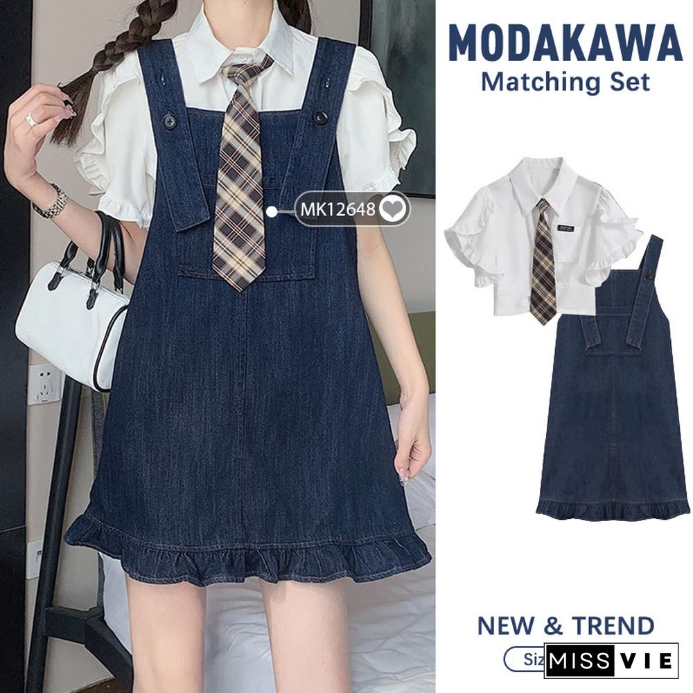 Pocket Lapel Tie T-Shirt Denim Overall Dress Two Pieces Set