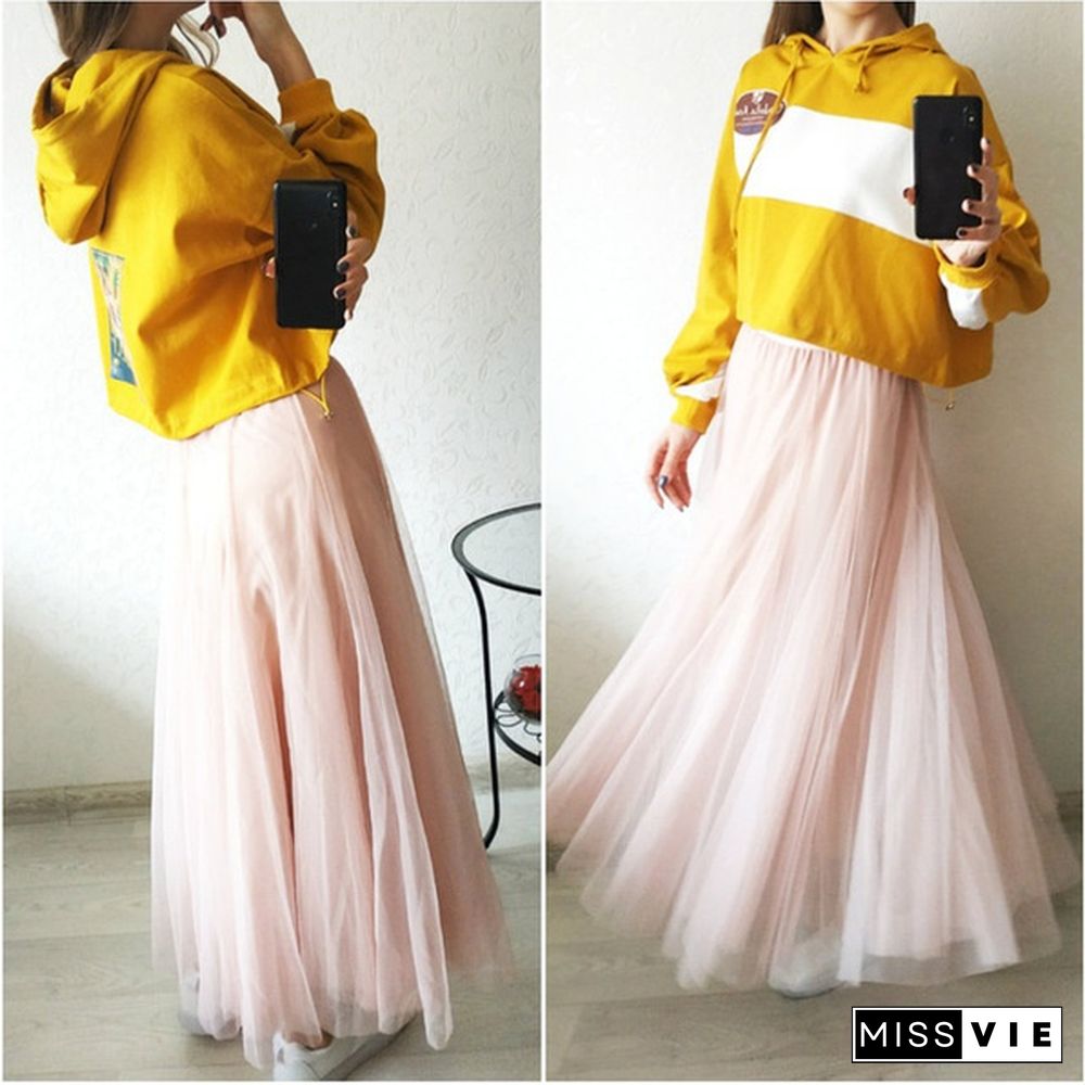 Tulle Skirts Womens Midi Pleated Skirt Black Pink Tulle Skirt Women Spring Summer Korean Elastic High Waist Mesh Tutu Skirt