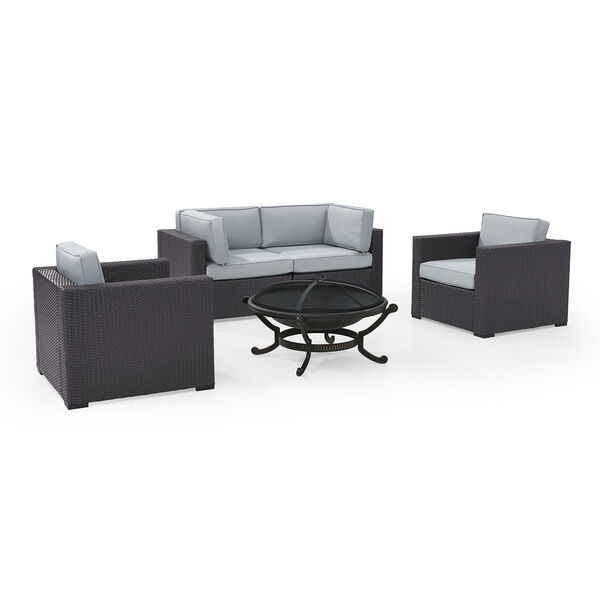 Biscayne 4 Person Outdoor Wicker Seating Set in Mist - Two Armchairs， Two Corner Chair， Ashland Firepit