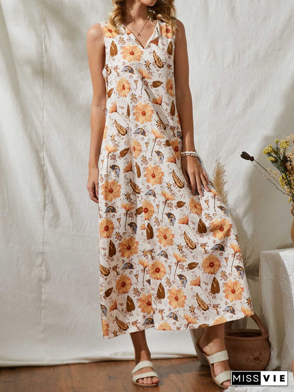 Flower Leaves Print V-neck Sleeveless Women Loose Maxi Dress