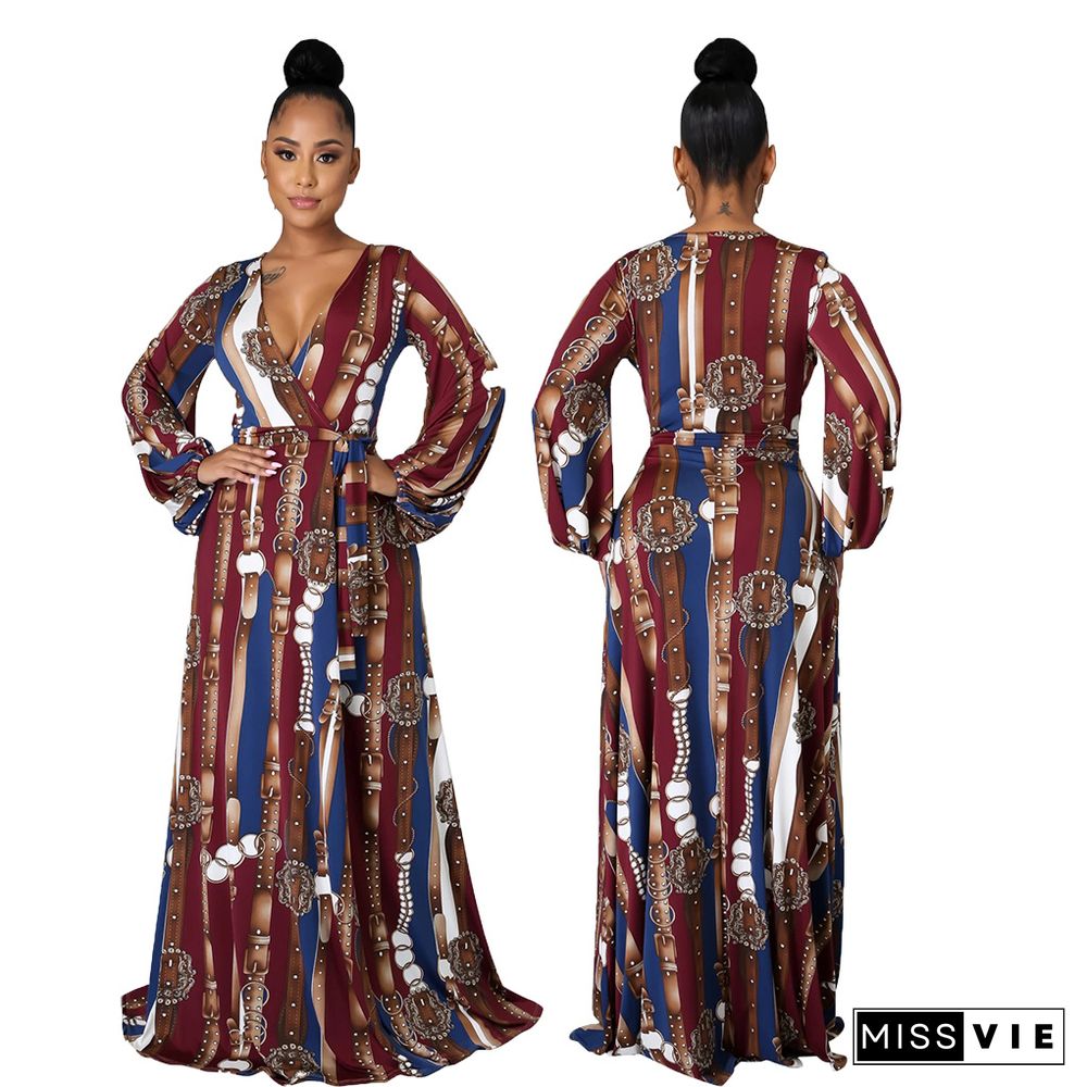 Elegant Summer Beach Floral Print Boho V-Neck Long Sleeve Sashes Women Big Hem Maxi Long Dresses