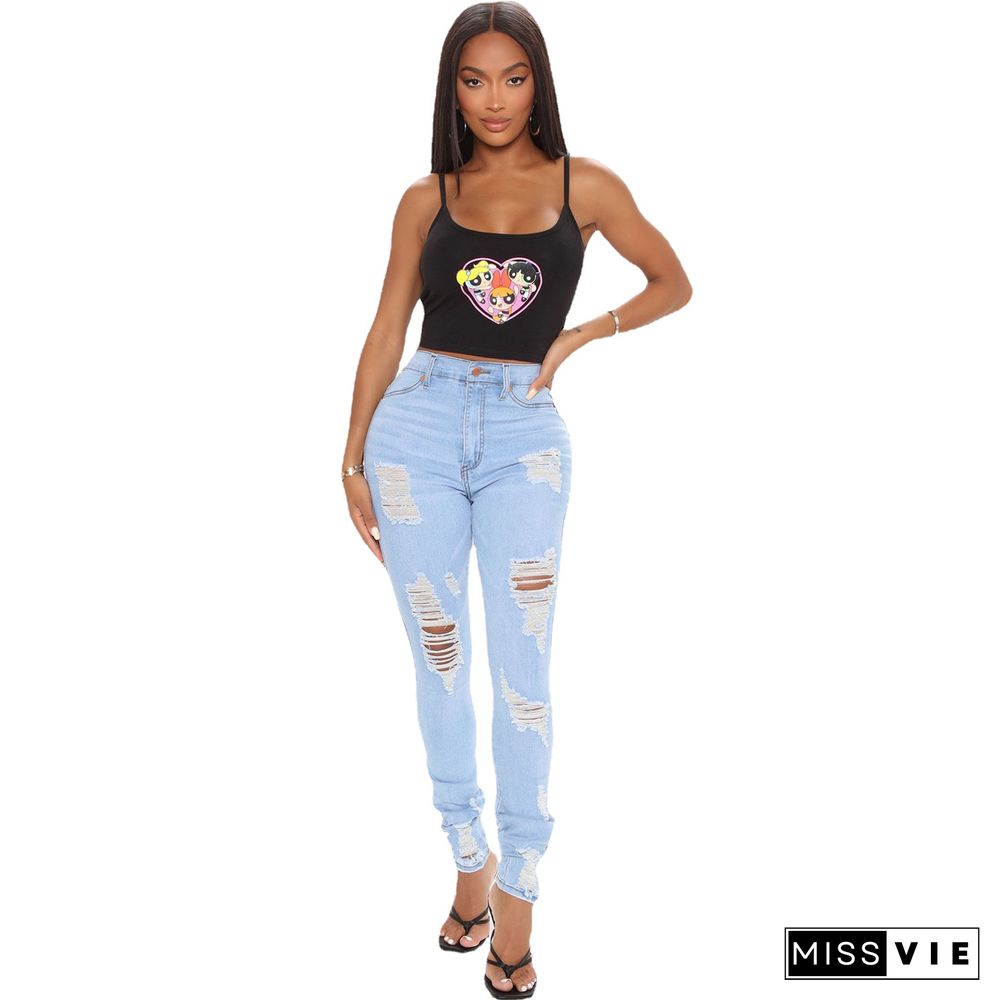 Summer New Women Mid Waist Stretch Skinny Ripped Wild Zipper Make Old Streetwear Jeans