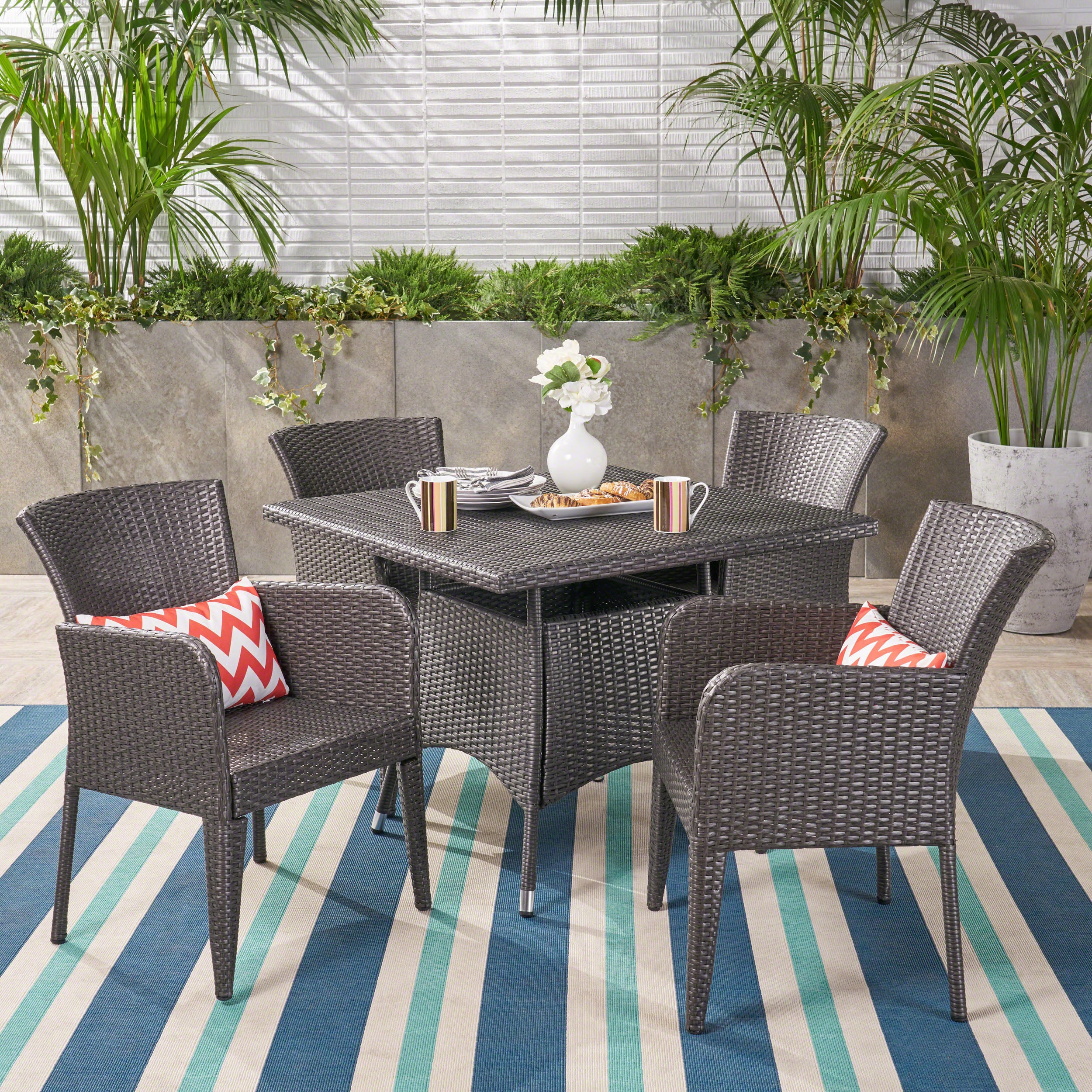 Dilon Outdoor 5 Piece Wicker Dining Set, Grey