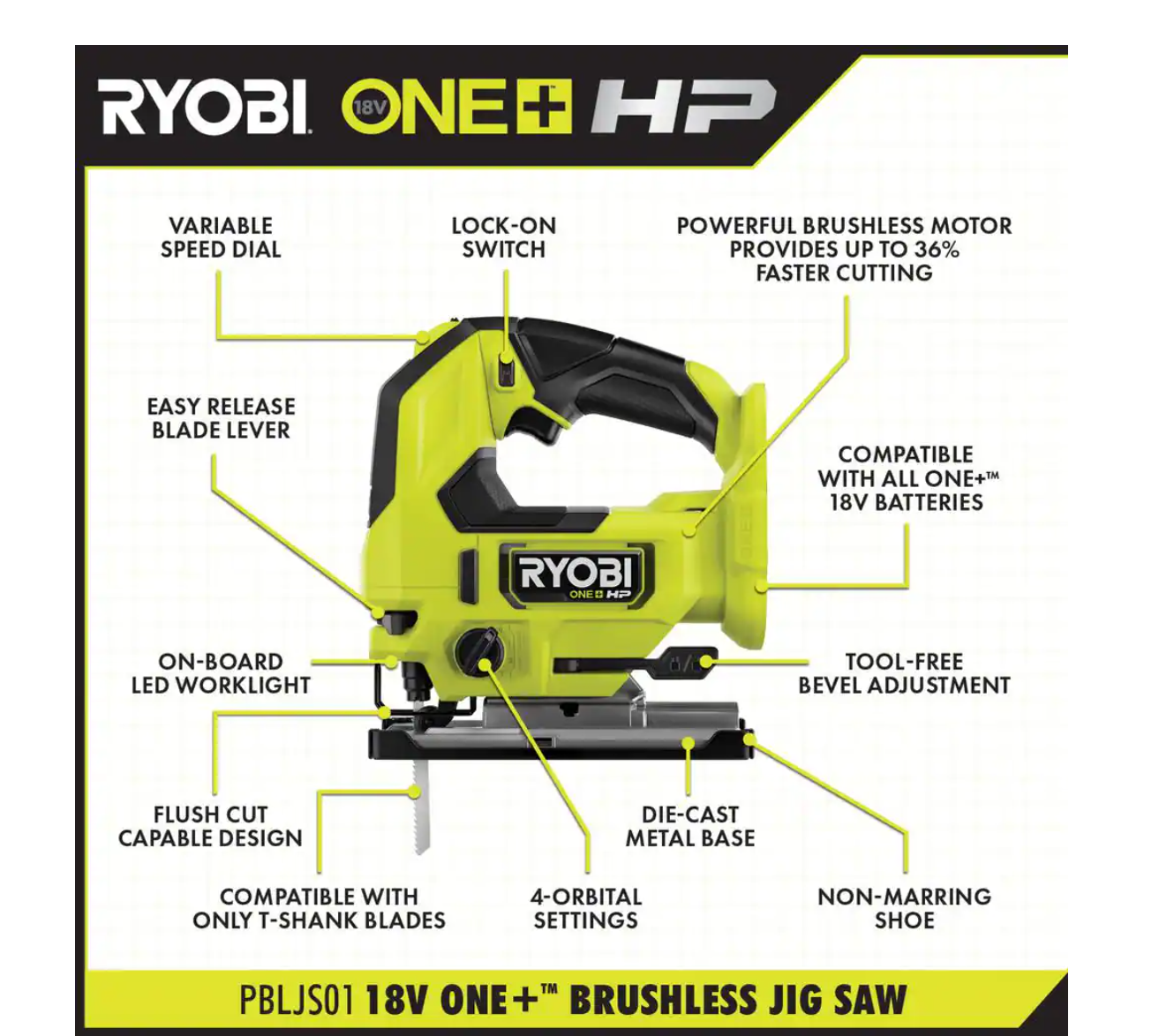 RYOBI PBLJS01B-PSK005 ONE+ HP 18V Brushless Cordless Jig Saw with 2.0 Ah Battery and Charger