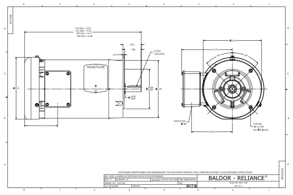 1HP 1760RPM 3PH 60HZ 56C TEFC Electric Motor ;