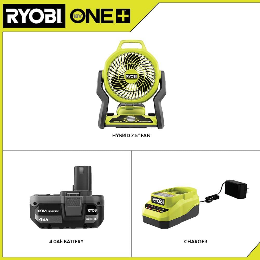 RYOBI ONE+ 18V Cordless Hybrid WHISPER SERIES 7-1/2 in. Fan Kit with 4.0 Ah Battery and Charger PCL811K1N