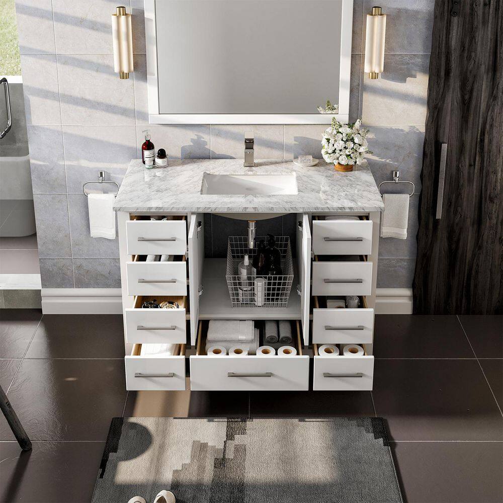 Eviva London 42 in. W x 18 in. D x 34 in. H Bathroom Vanity in White with White Carrara Marble Top with White Sink TVN414-42X18WH