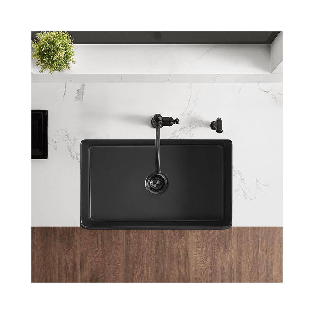 Modern Black Fireclay 33 in. Single Bowl Farmhouse Apron Workstation Kitchen Sink with Bottom Grid and Drain AB143264112