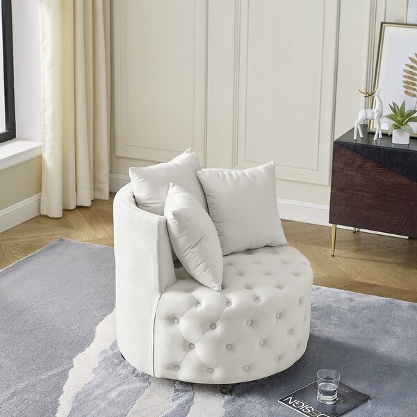 30 Round Velvet Swivel Chair with 3 Pillows and Button Tufted