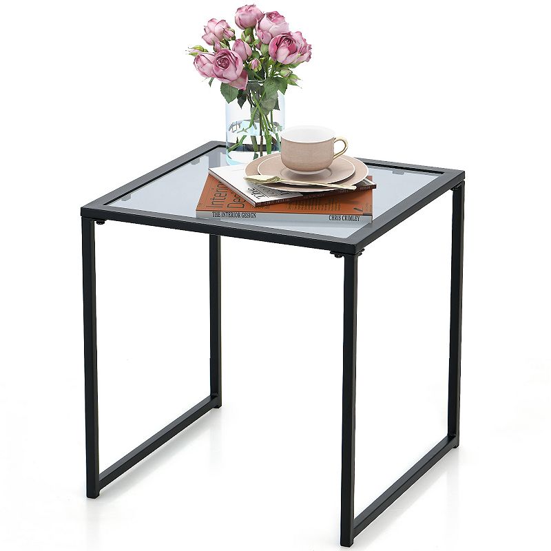 Tempered Glass Side Table With Metal Frame For Indoor And Outdoor