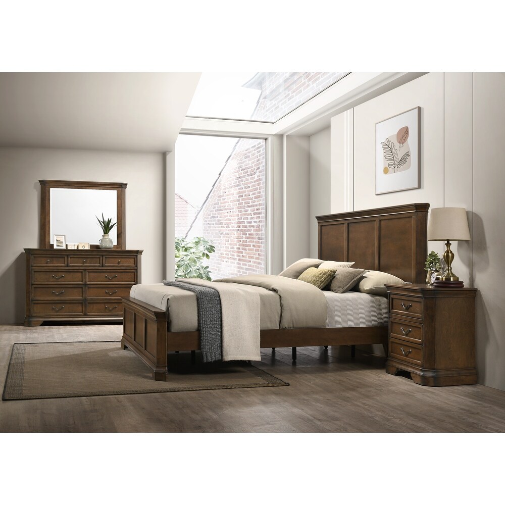 Roundhill Furniture Maderne Traditional Wood Panel Bed with Dresser  Mirror  Nightstand  Antique Walnut Finish