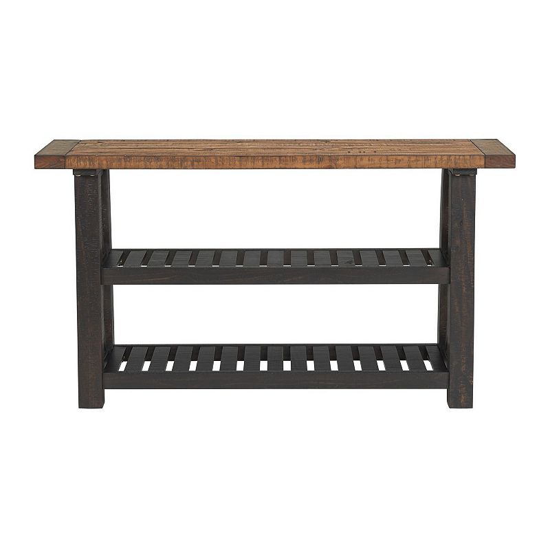 Sofa Table with 2 Slatted Shelves and X Legs， Brown and Black