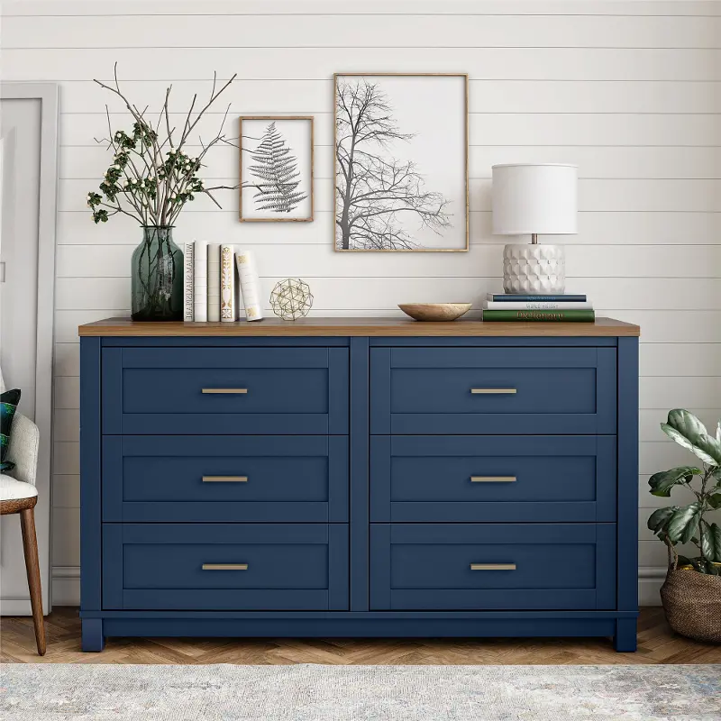 Armada Navy 6 Drawer Wide Dresser with Walnut top