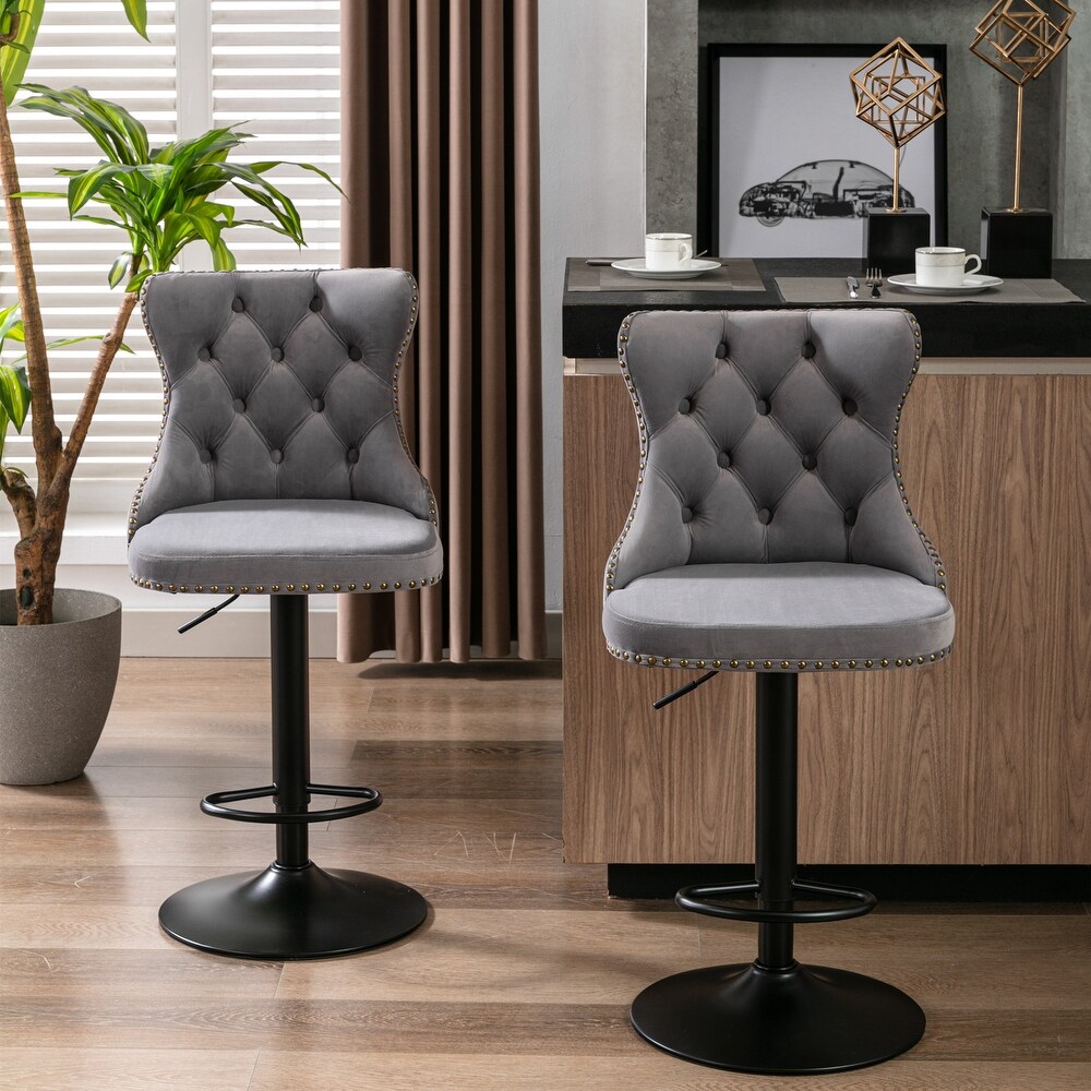 French Adjustable Height Bar Chairs Swivel High Stool W/ Back Modern Kitchen Chair for Home Pub Kitchen Island (Set of 2)  Grey