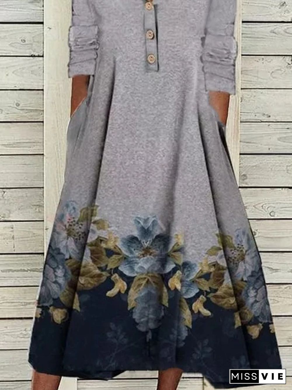 Gray Floral Printed Buttoned V Neck Casual Long Sleeve A-line Dresses