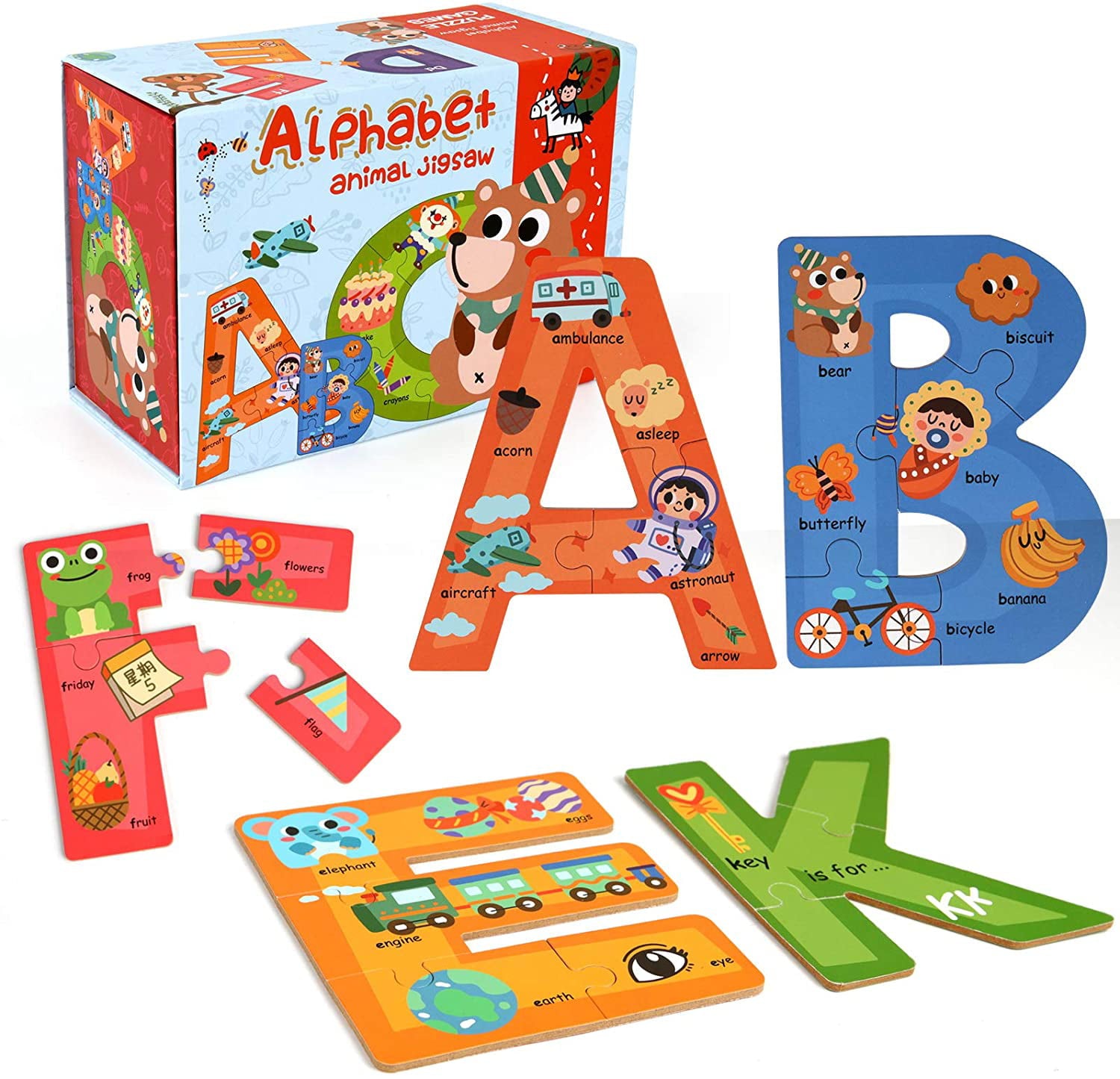 SYNARRY Wooden Alphabet Puzzles for Kids Ages 3-5， ABC Learning for Toddlers Ages 3+， Sight Words Letter Puzzles Montessori Toys Educational STEM for Preschool Boys Girls