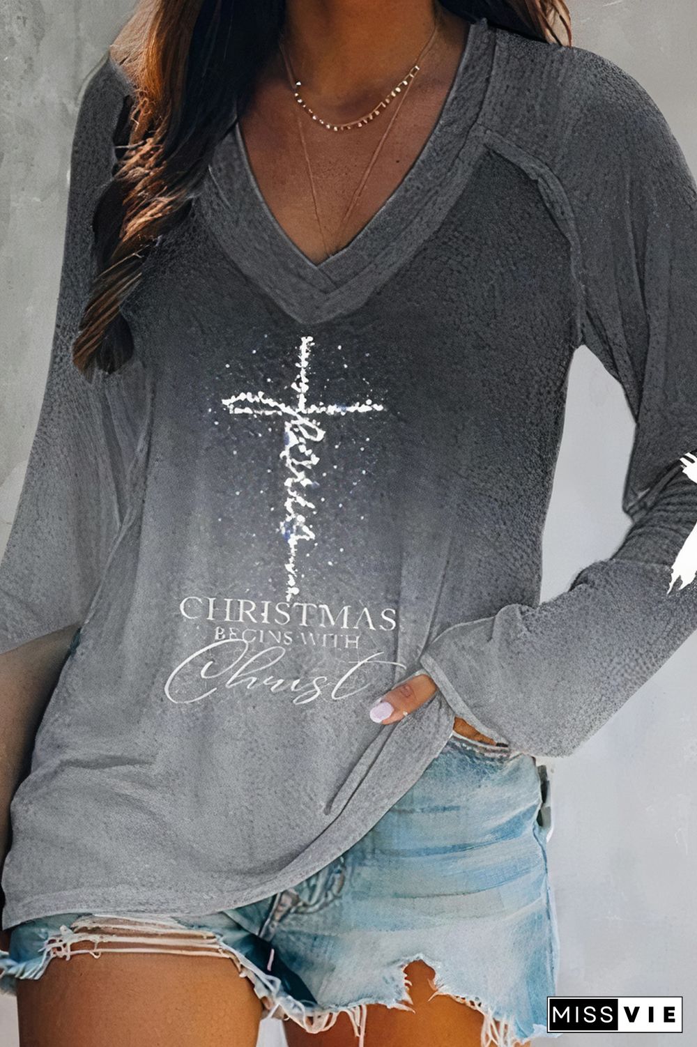 Ombre Cross Pattern V Neck T-Shirt