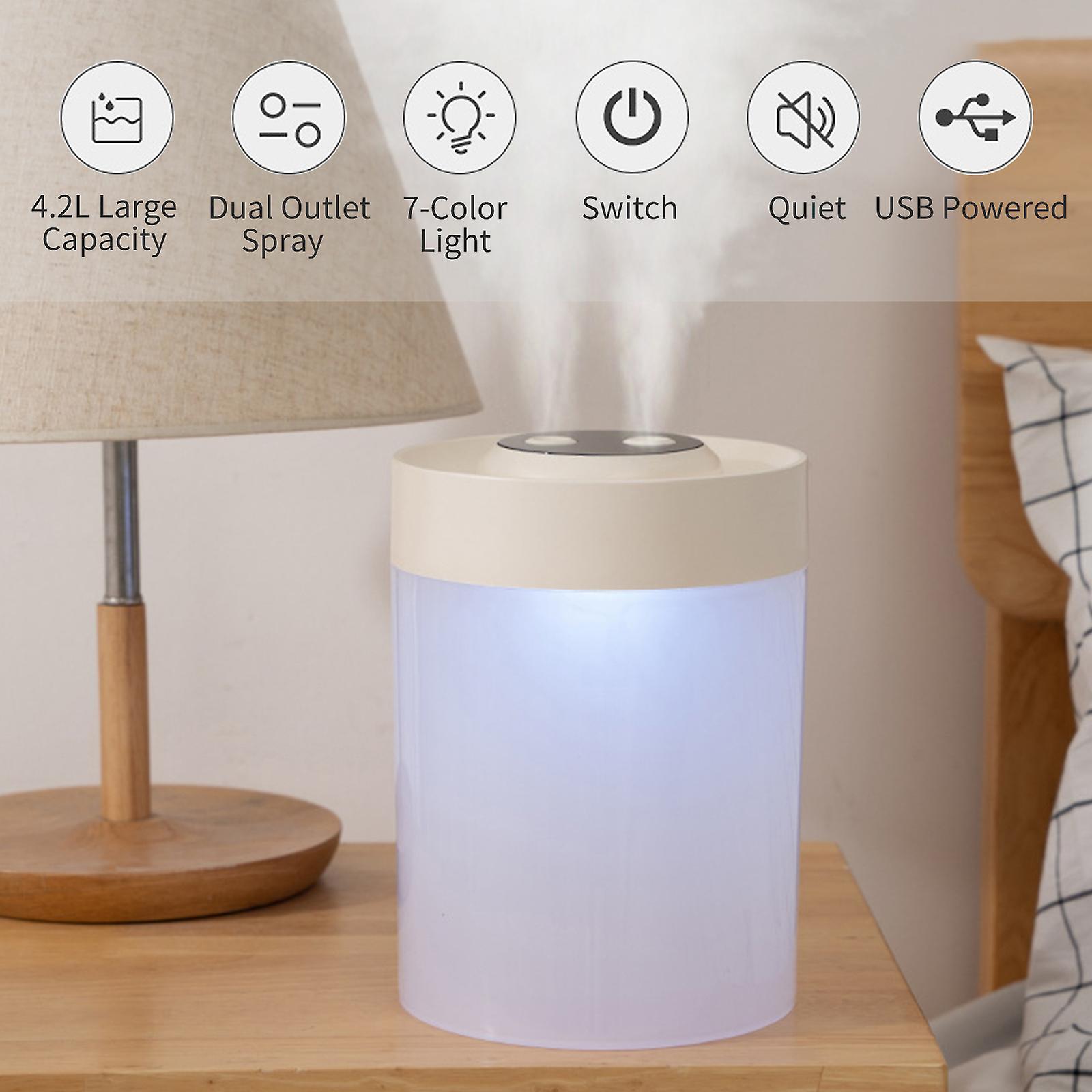 Mist Humidifier Diffuser With 7-color Night Light 4.2l Large Capacity Cool Mist Humidifier Quiet Usb Dual Outlet Spray Humidifier For Home Bedroom Off