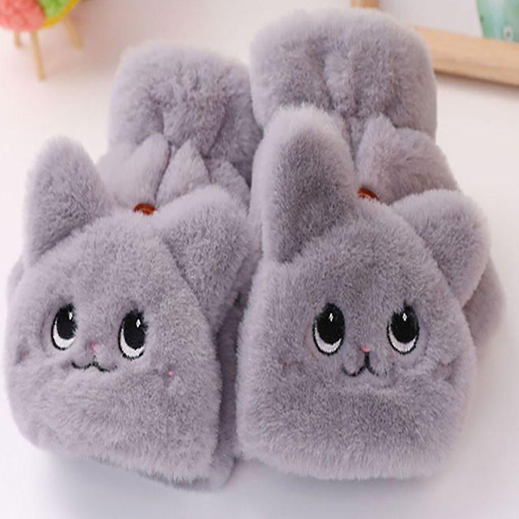 1 Pair Women Gloves Cartoon Fingerless Plush Warm Solid Color Cat Shape Lady