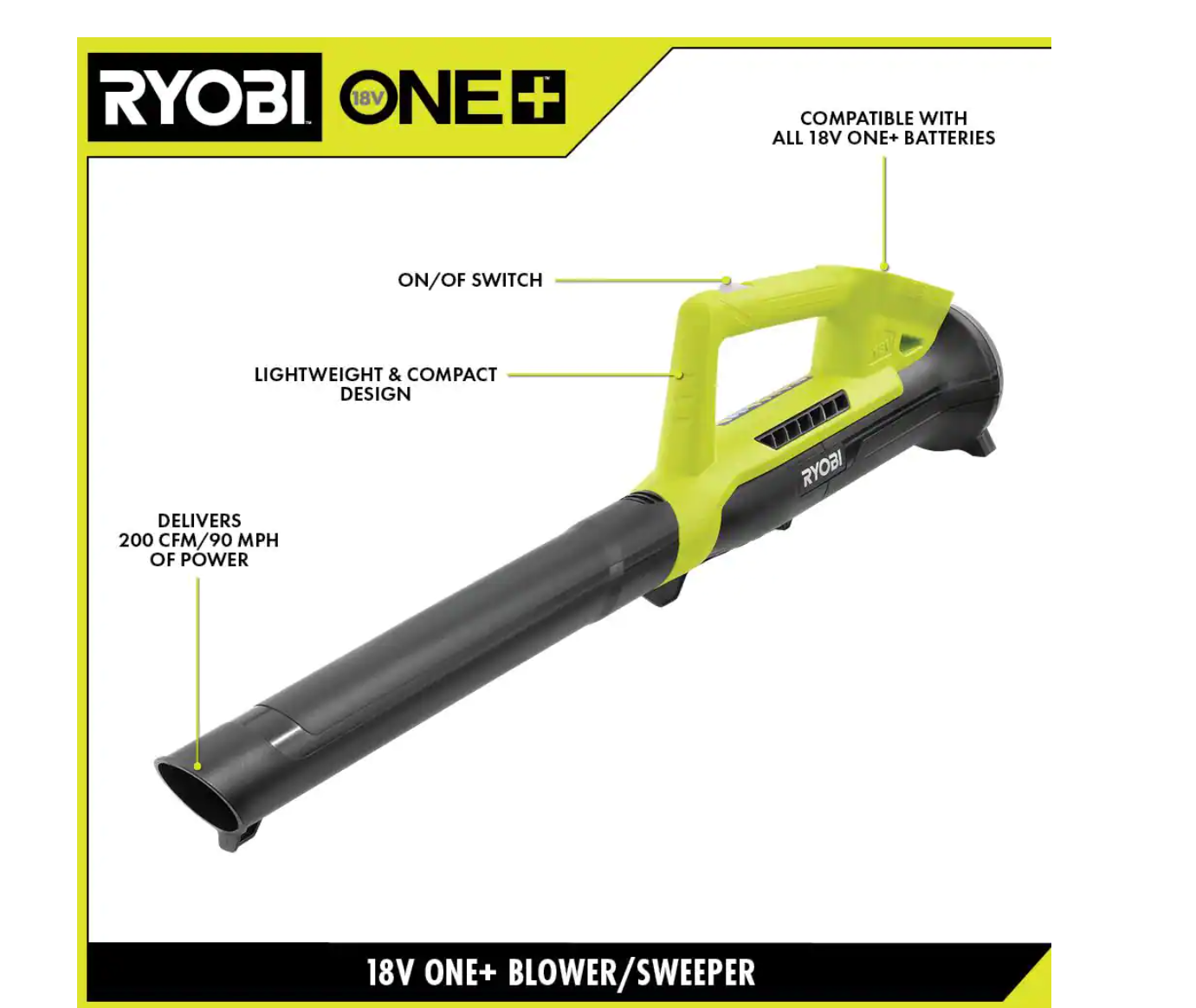 RYOBI P2109A ONE+ 18V 90 MPH 200 CFM Cordless Battery Leaf Blower/Sweeper (Tool Only)