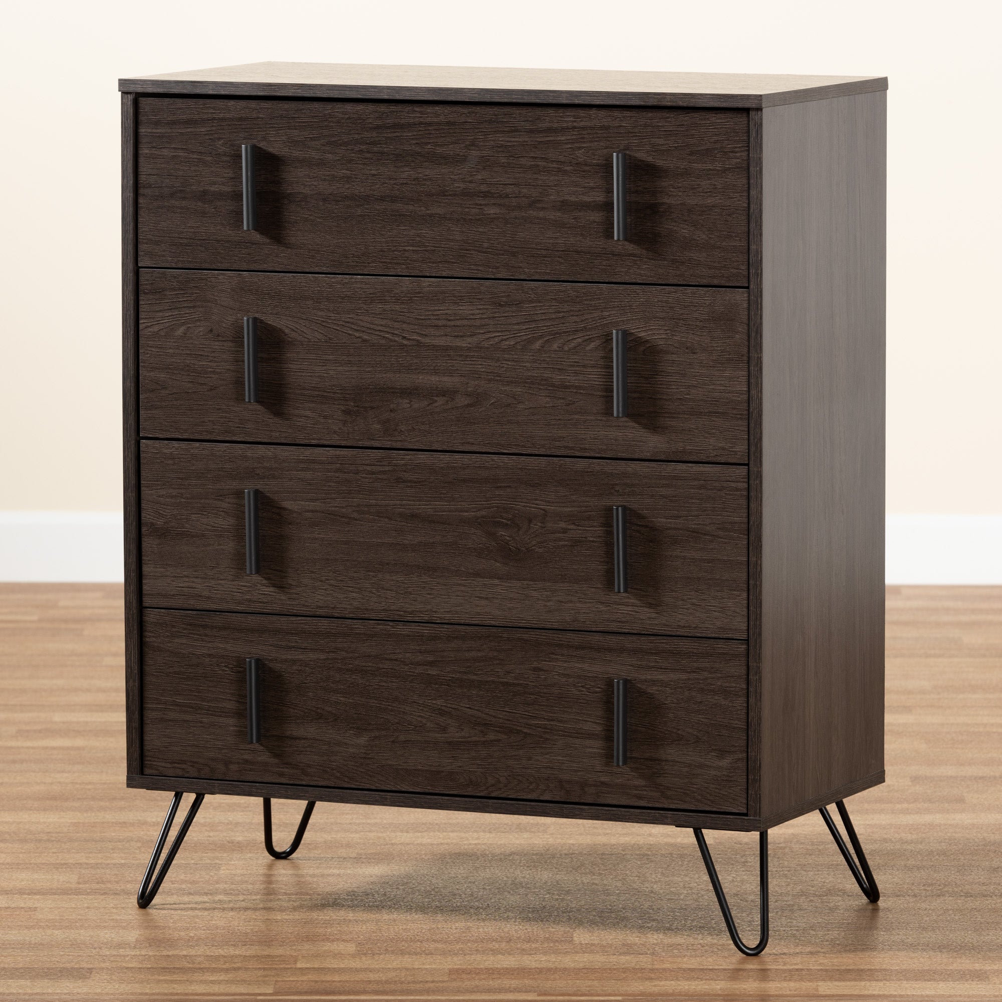 Baxton Studio Baldor Modern and Contemporary Dark Brown Finished Wood and Black Finished Metal 4-Drawer Bedroom Chest