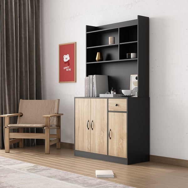 Modern High Wardrobe Cabinet，with 3 Doors，1 Drawer and 1 Open Shelves - - 37291766