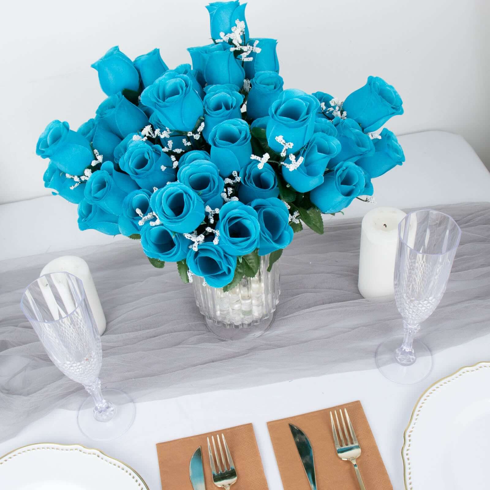 12 Bushes Turquoise Artificial Premium Silk Flower Rose Bud Bouquets