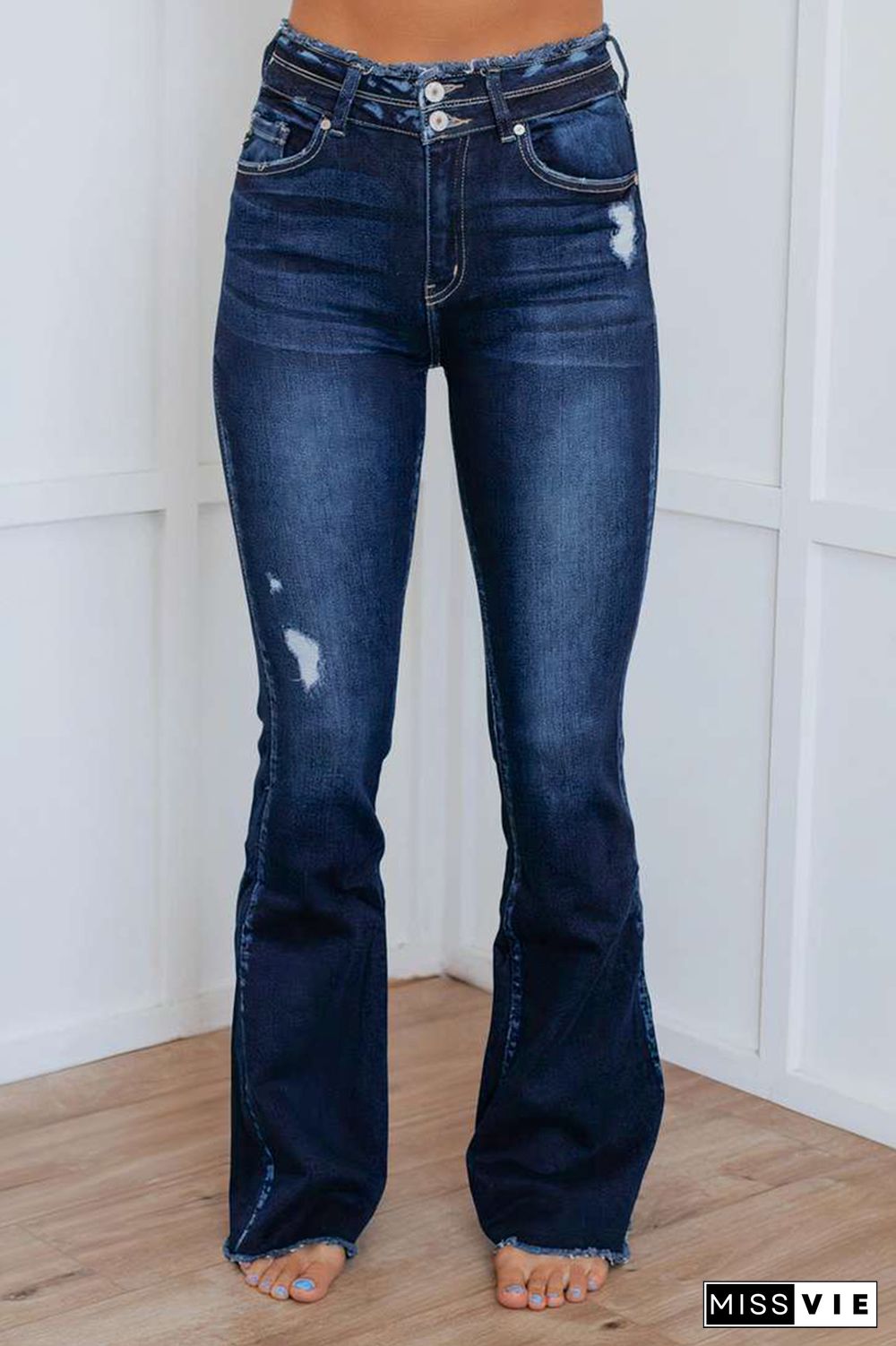 High Waist Button Flare Leg Jeans