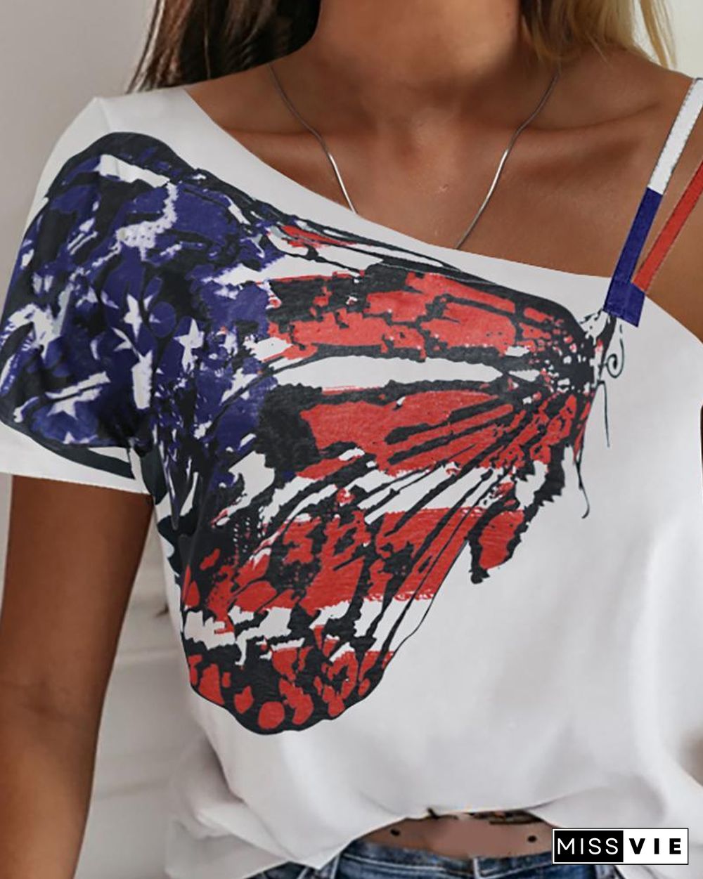 One Shoulder Butterfly Print Casual T-shirt P13715