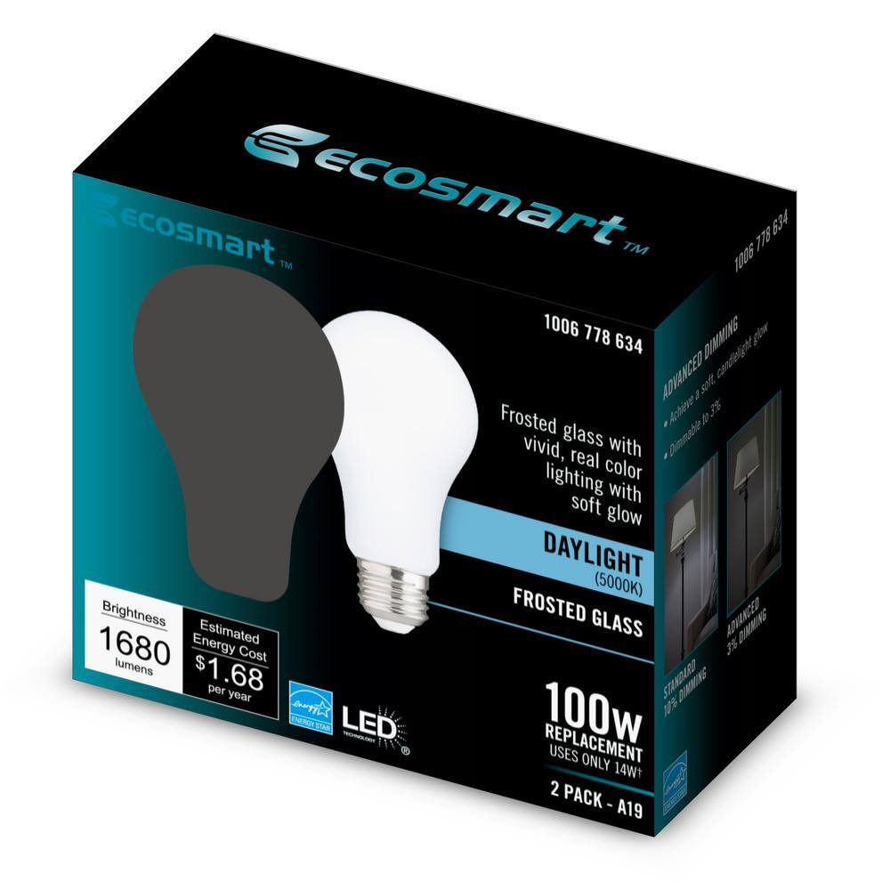 EcoSmart 100-Watt Equivalent A19 Dimmable CEC Frosted Glass Filament LED Light Bulb in Daylight (2-Pack) 11FFA19100WT203