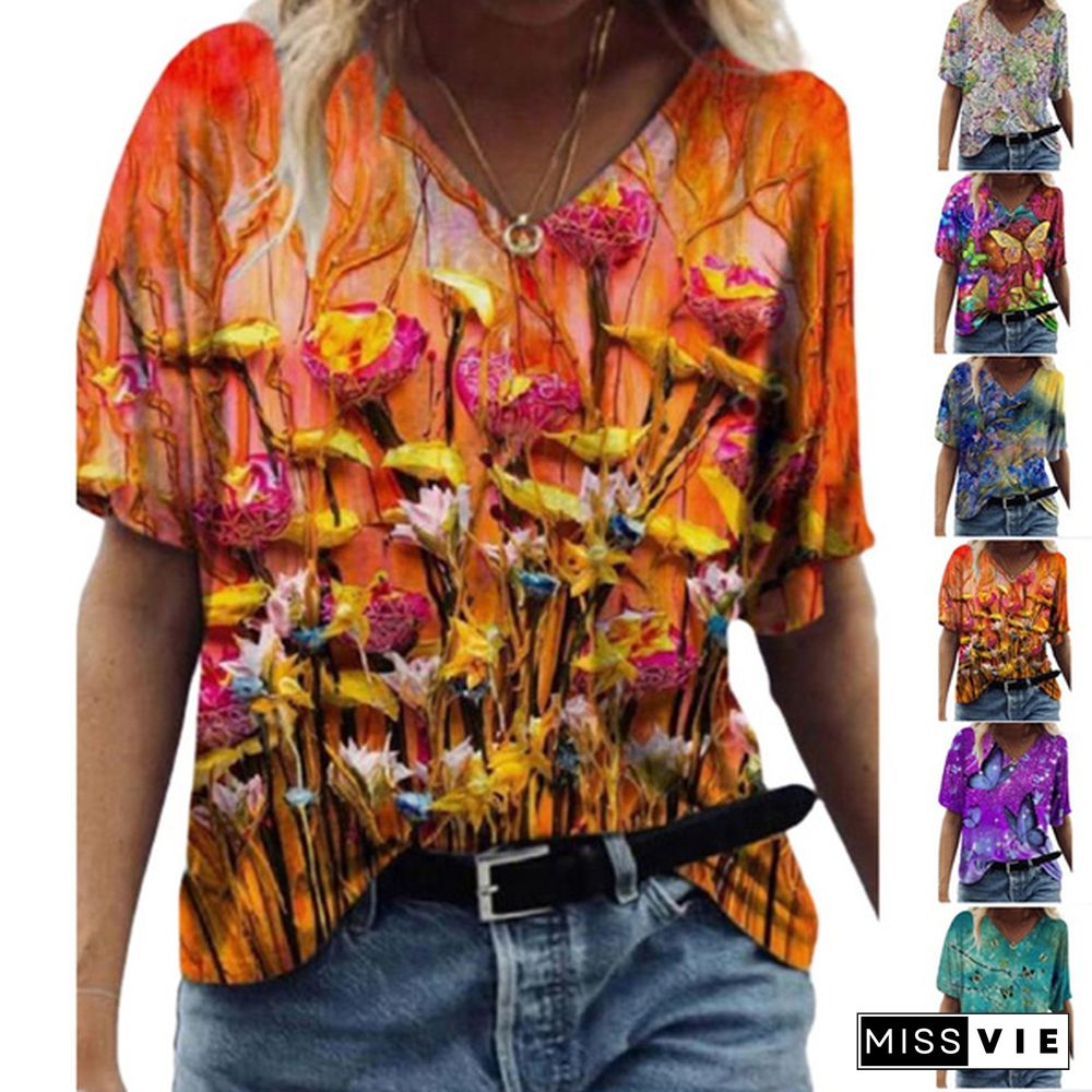 Women 3D Flower Print T Shirt Abstract Top Summer New Fashion Street Casual V-Neck Loose Tee Oversized Ladies Cotton Tops Plus Size XS-8XL