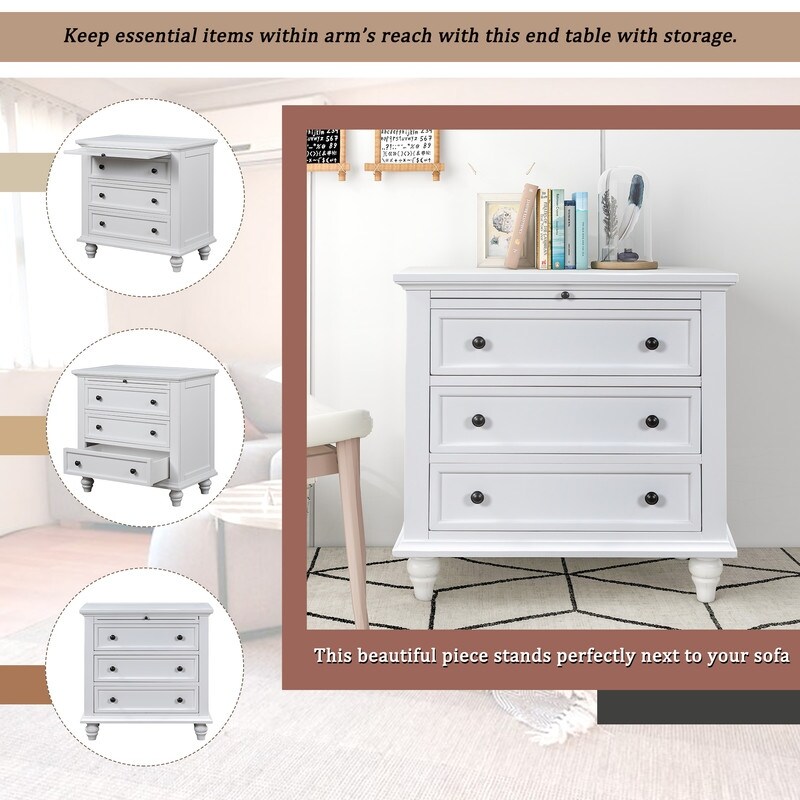 3 Drawer Storage Wood Cabinet Nightstand with Pull out Tray