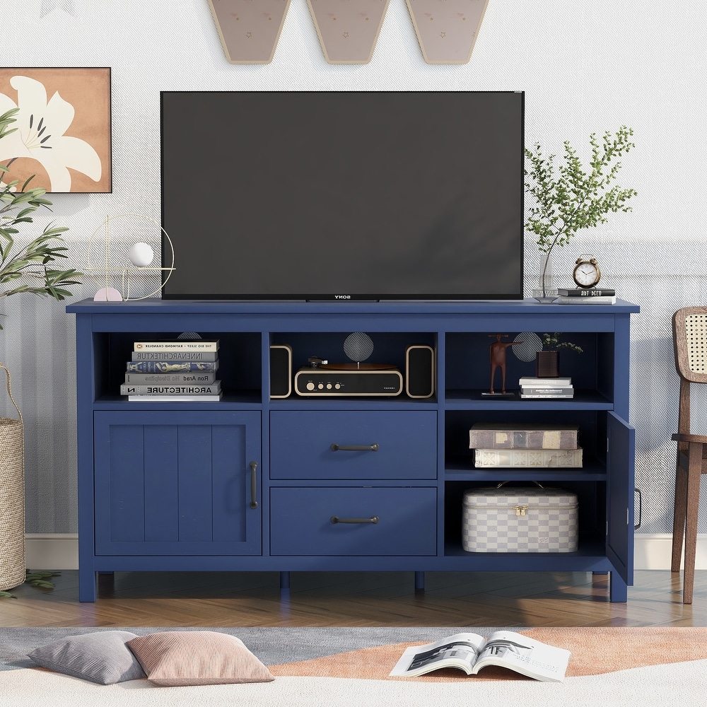 Classic Rustic Style TV Stand with 2 3 Tier Storage Cabinets with MDF Door at Both Sides   2 Drawers  TV Cabinet for Living Room