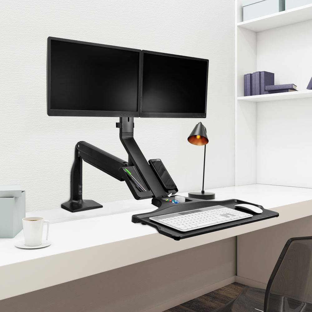 Mount-It 26 in. Rectangular Black Standing Desk Converter with Dual Monitor Arm Mount and Phone Holder MI-7984