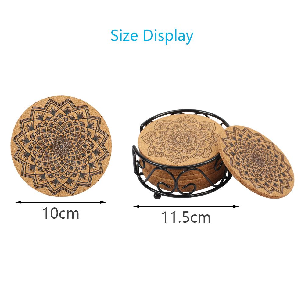 AirSMall 8Pcs Round Cork Coasters 4in Absorbent Reusable Coasters Mandala Pattern Cork Drink Coasters with Holder for office  bar home