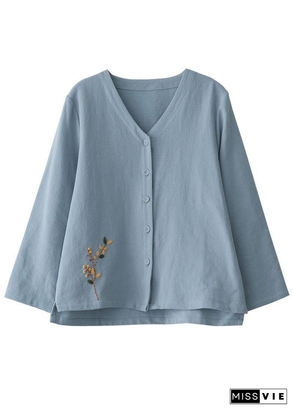 Plus Size Blue Loose V Neck Button Fall Shirts Long Sleeve