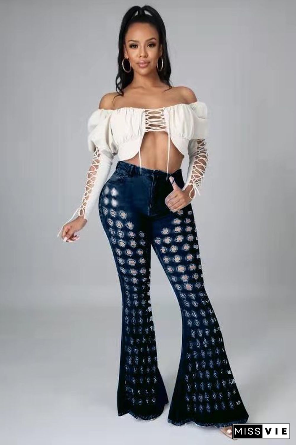 Sexy Stretch Denim Flared Pants With Ripped Holes