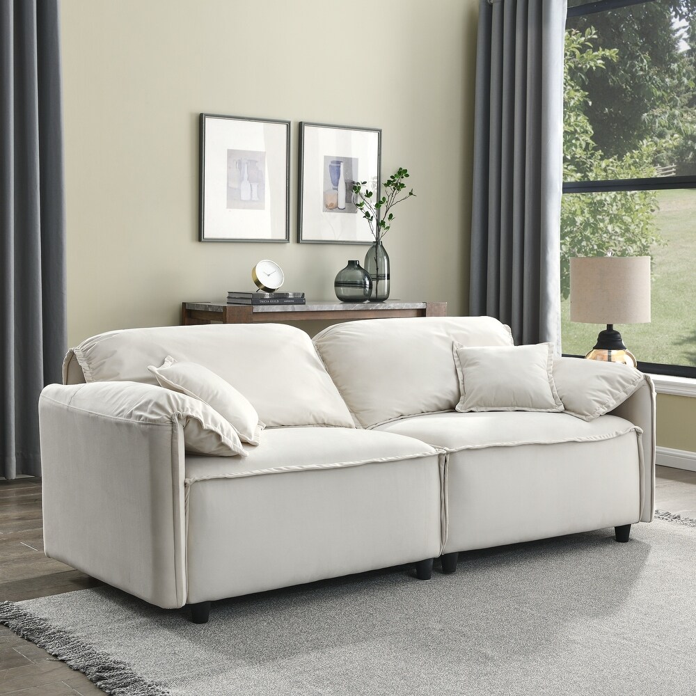 Beige Modern Velvet Upholstery Living Room Sofa Set with Pillows (2x 3 Seater)