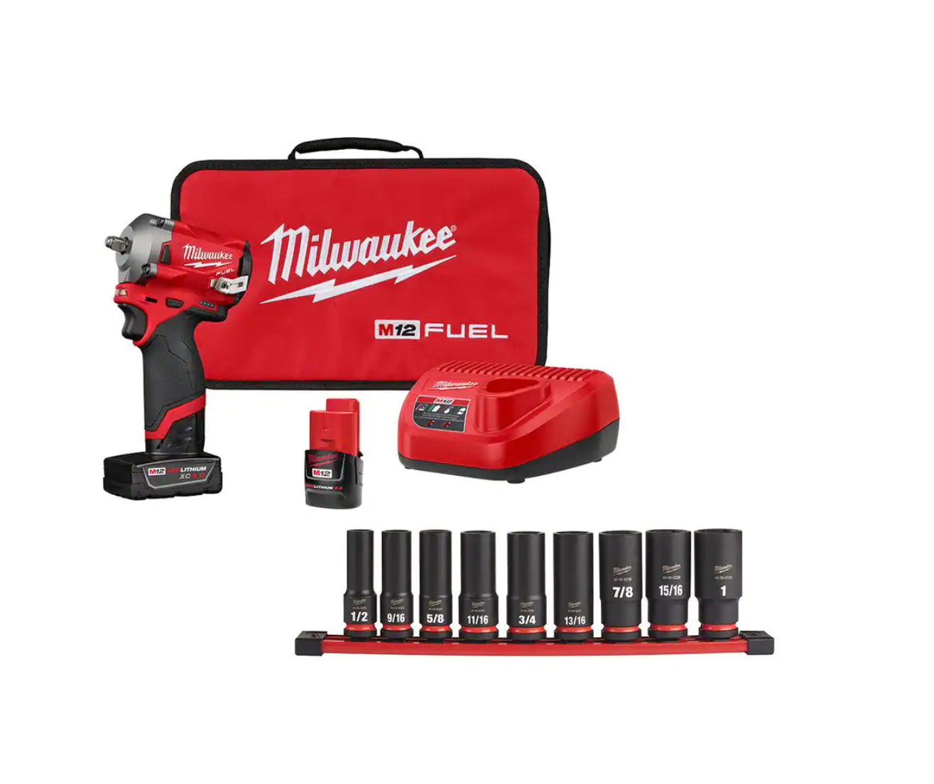 Milwaukee 2555-22-49-66-7022 M12 FUEL 12V Cordless Brushless Stubby 1/2 in. Impact Wrench Kit with 1/2 in. Drive SAE Deep Socket Set (9-Piece)