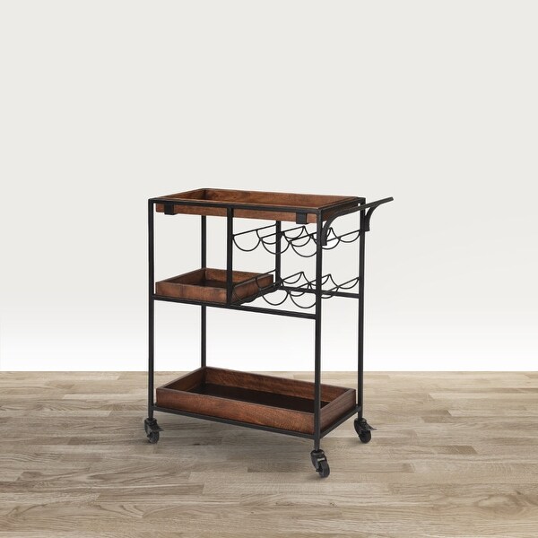 30 Inch Handcrafted Mango Wood Bar Serving Cart with Caster Wheels， 6 Bottle Holders， Tray Shelves，