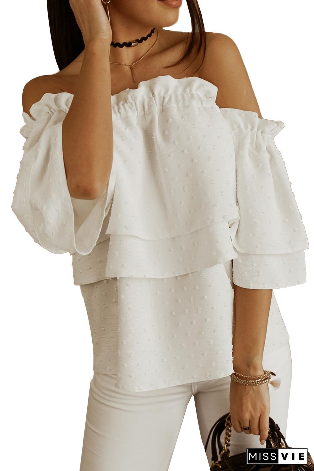 White Swiss Dot Ruffled Off The Shoulder Blouse