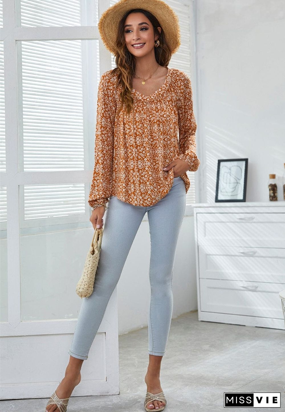 Classic V Neck Floral Blouse