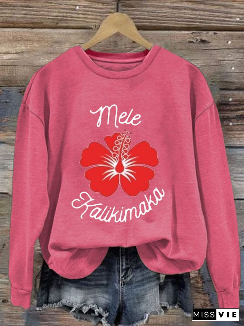 Women's Mele Kalikimaka Hawaiian Christmas Print Casual Long Sleeve Sweatshirt