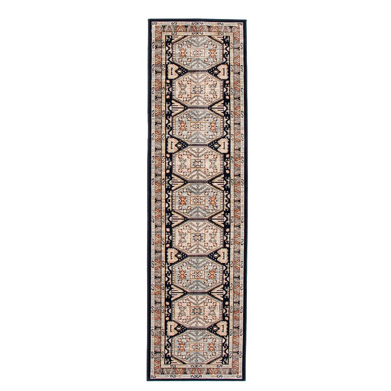 2.5' x 10' Navy Blue and Cream Medallion Geometric Rectangular Rug Runner